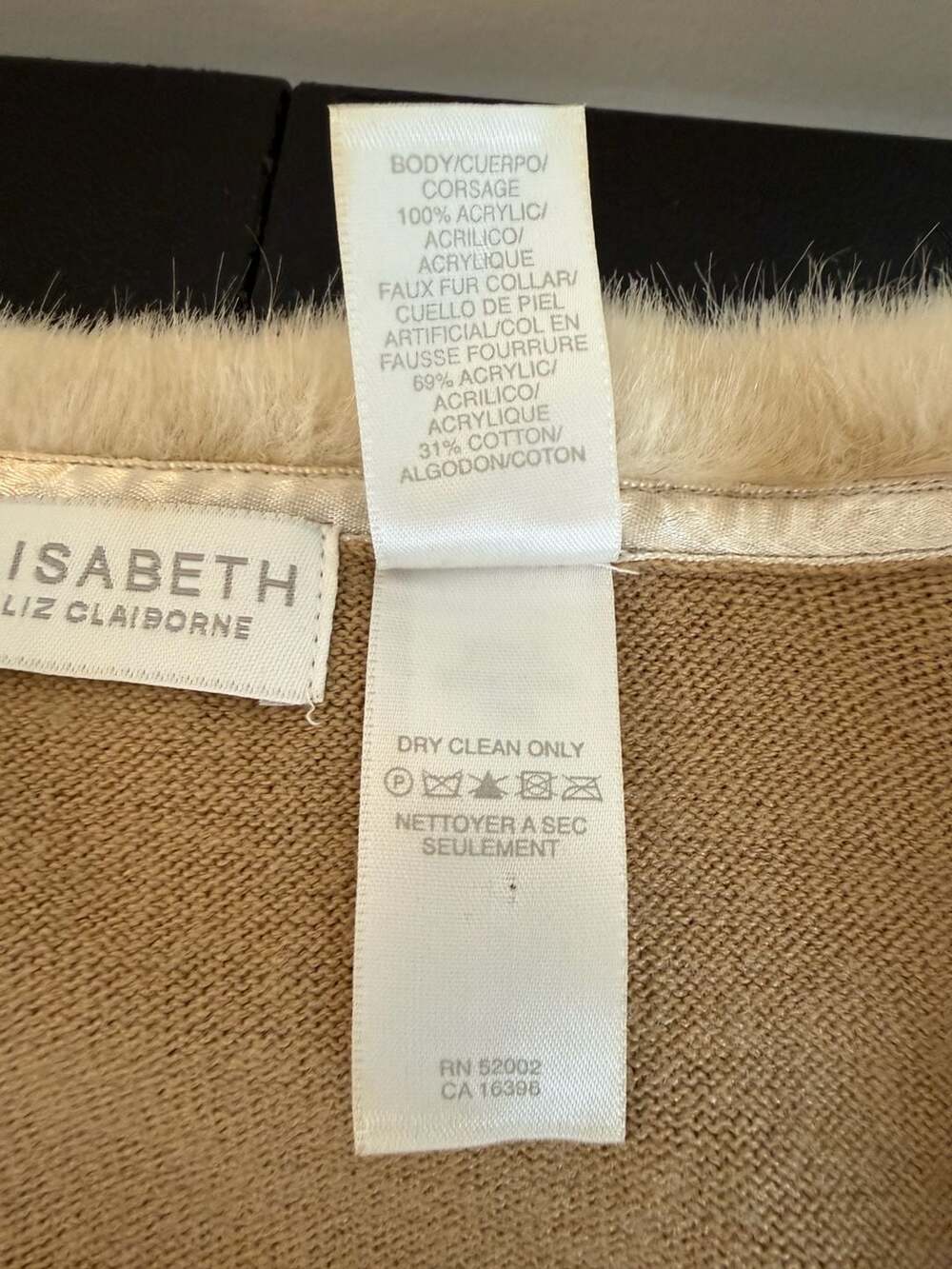 Vintage Y2K Elisabeth by Liz Claiborne Camel Faux Fur Trim Cardigan Sweater-2X - Picture 6 of 6